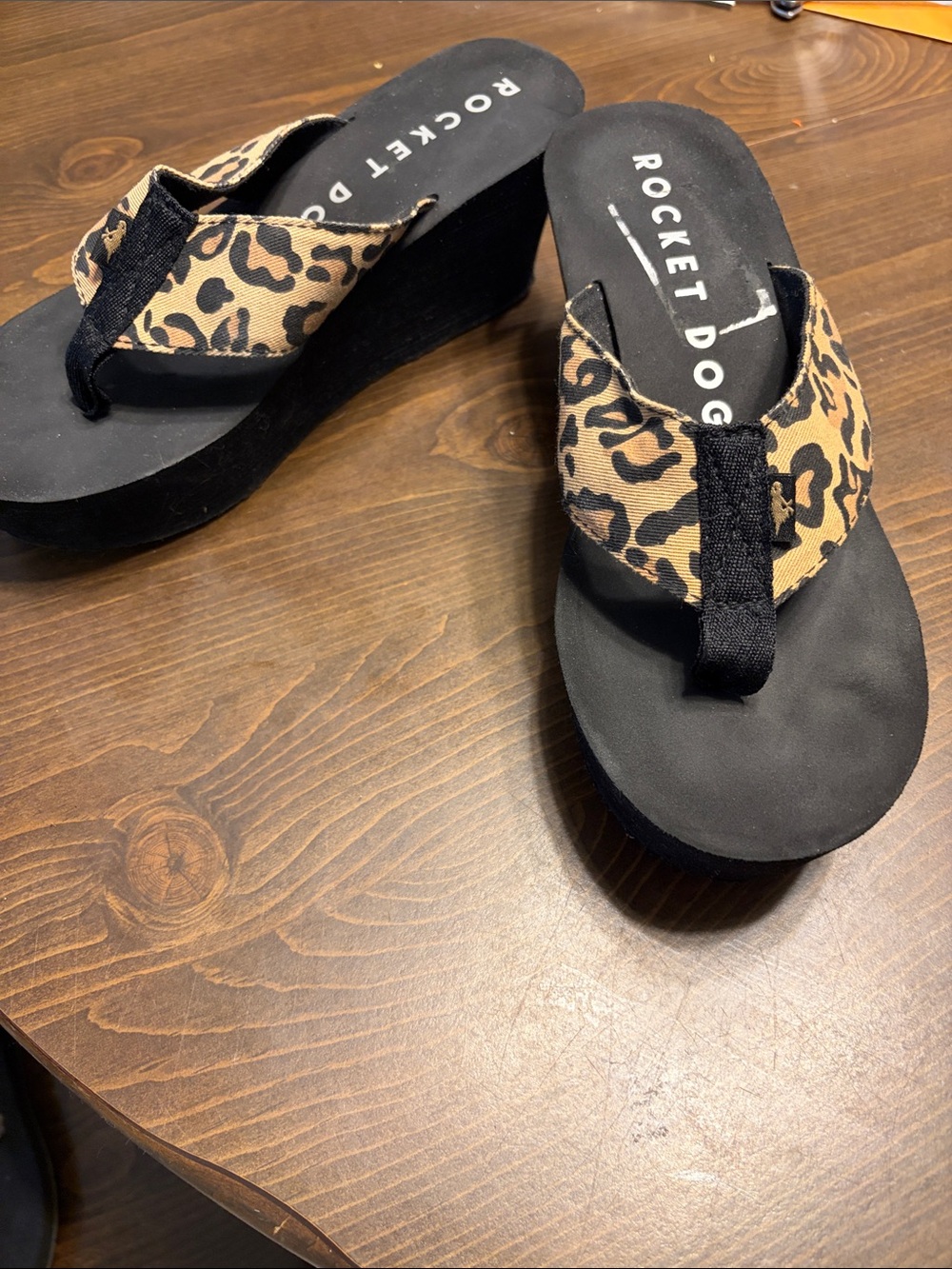 Rocket Dog Leopard Print Wedge Sandals - Black and Tan Sz. 7